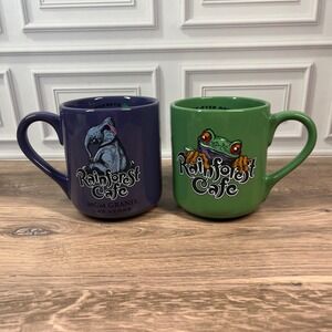 VTG 1999 Rainforest Cafe Coffee Mugs 16oz Purple Green Tuki Cha Cha MGM Grand